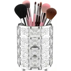Makeup Brush Holder with Silver Crystal Bling – Elegant Vanity Organizer for Brushes, Pens & Pencils, Ideal for Bathroom or Office Countertop(1Pack)