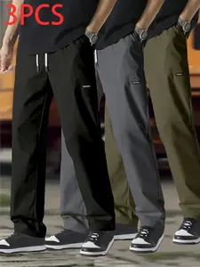 Men’s Ice Silk Casual Long Pants, 3-Pack — Summer Straight-Leg Drapey Pants with Drawstring Waistband, Breathable Athletic Style