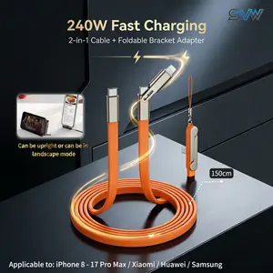 240W 3-in-1 Black/Orange Fast Charging Foldable Bracket Adapter Data Cable Type-C to Type-C Data Wire with Phone Tablet Stand