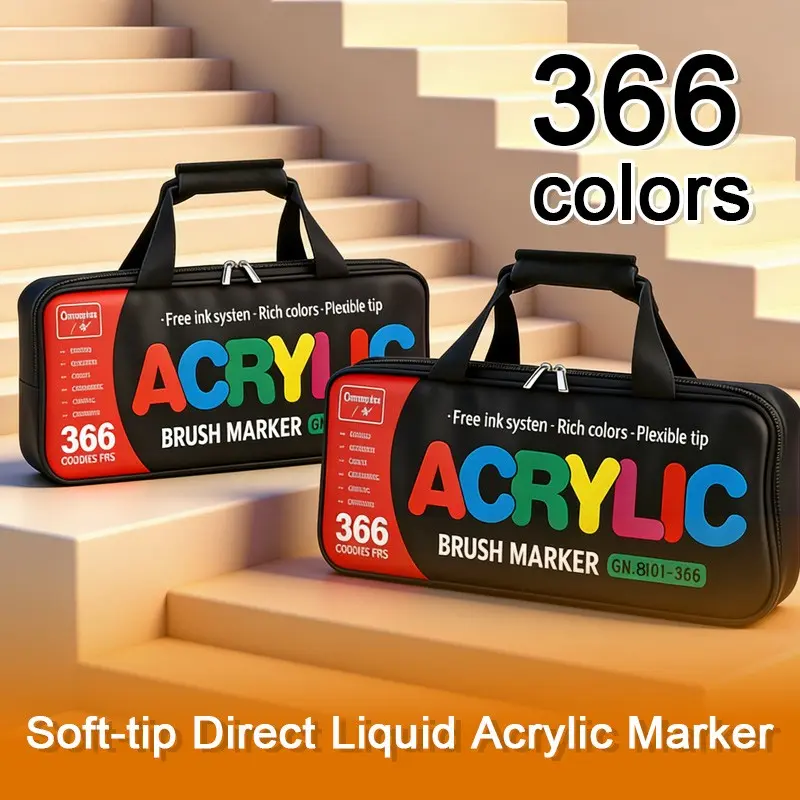 Guangna 366 Color Liquid Acrylic Markers with Soft Tips, Even Ink Flow for Smooth Blending, Portable Storage Bag for Easy Travel, Perfect for Artists and Gift Giving
