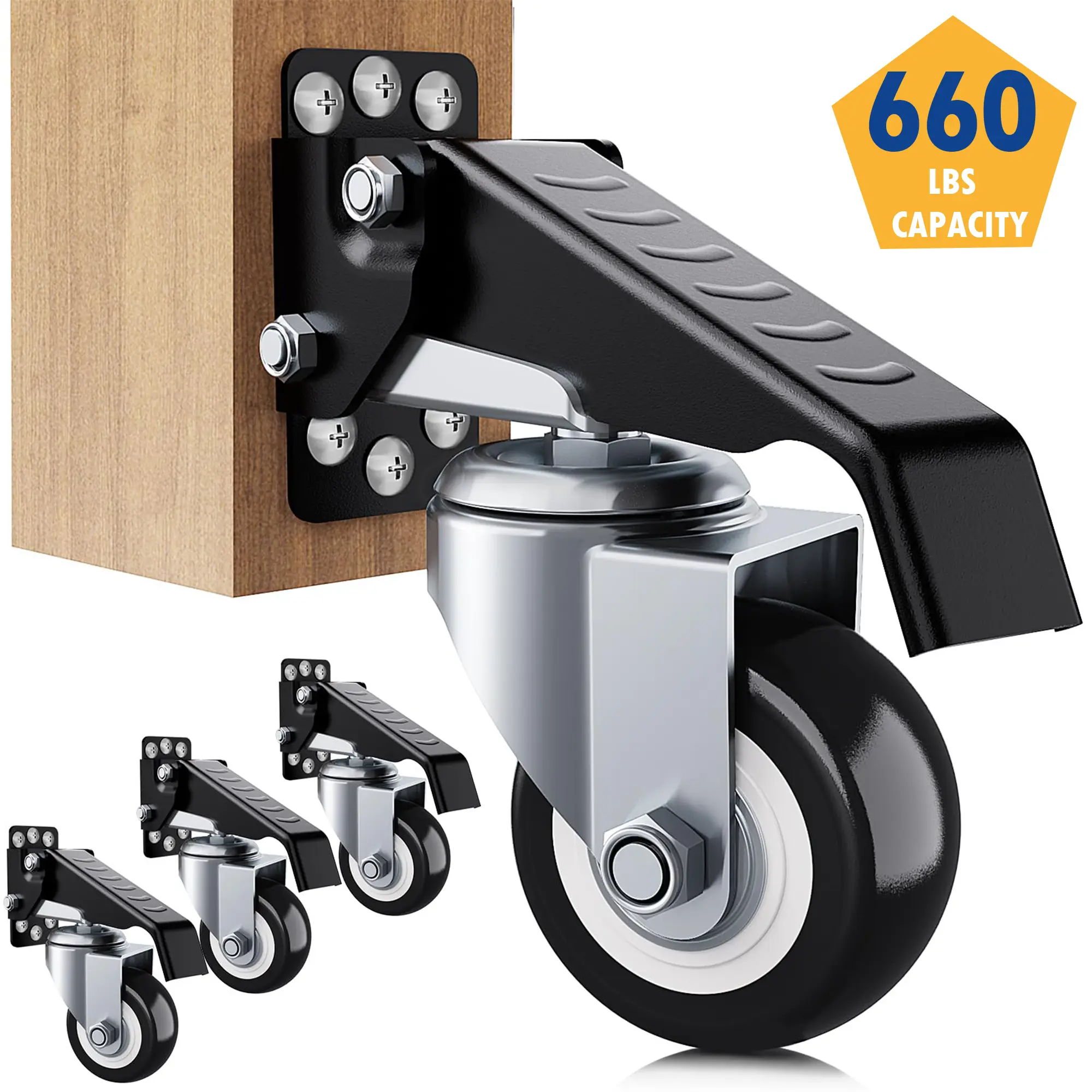 Workbench Casters Wheels 660Lbs Retractable Casters Set of 4 Heavy Duty Side Mount Caster Rollers 2.5" Stepdown Castor Wheels for Bench Machinery Work Table with Installation Template, 4 Pack