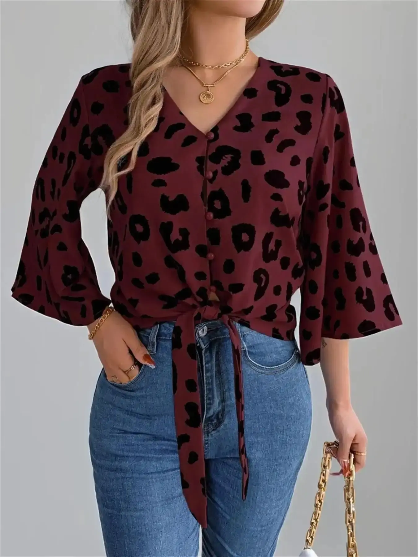 Women's Leopard Print Blouse Shirts, Casual Elegant Loose Tie Front Adjustable Top for Summer, Clothing Daily Wear, Boho Blouses, Style Shirt chic look lightweight go to stylish