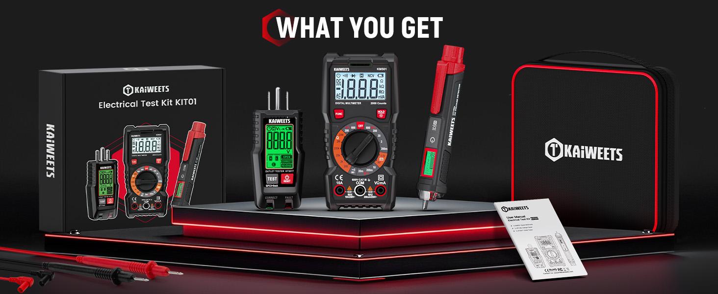 【FathersDayGift】KAIWEETS Electrical Test Kit KIT01, Digital Multimeter, Smart Non-Contact Voltage Tester & GFCI Outlet Tester with LCD, Complete Set with Carrying Case & Batteries for Electrician, DIY & HVAC 【FathersDayGift】KAIWEETS Electrical Test Kit KIT01, Digital Multimeter, Smart Non-Contact Voltage Tester & GFCI Outlet Tester with LCD, Complete Set with Carrying Case & Batteries for Electrician, DIY & HVAC