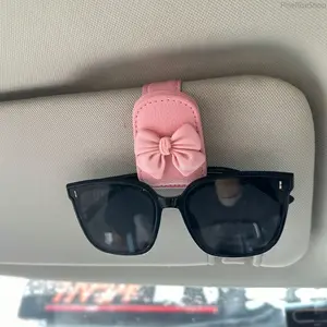Leather Car Sun Visor Sunglasses Holder Clip with Bow - Ticket, Card Organizer for Outdoor Travel, Road Trips