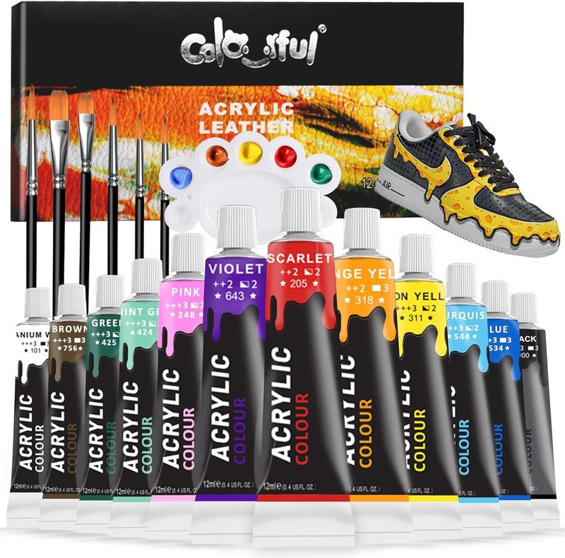 Colorful Acrylic Leather Paint for Shoe Painting- 12 Color Leather Paint for Bag & Wallet Decor, Leather Jacket Care, Crafts DIY & Customizing Leather Projects crayon cerulean Art Supplies coloring supplies