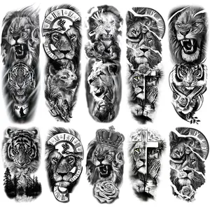 10 Lion and Tiger Temporary Tattoo Stickers Fake Tattoo with Broken Clock and Crown Patterns, Waterproof Arm Tattoos for Men and Women, Perfect Gift for Any Occasion