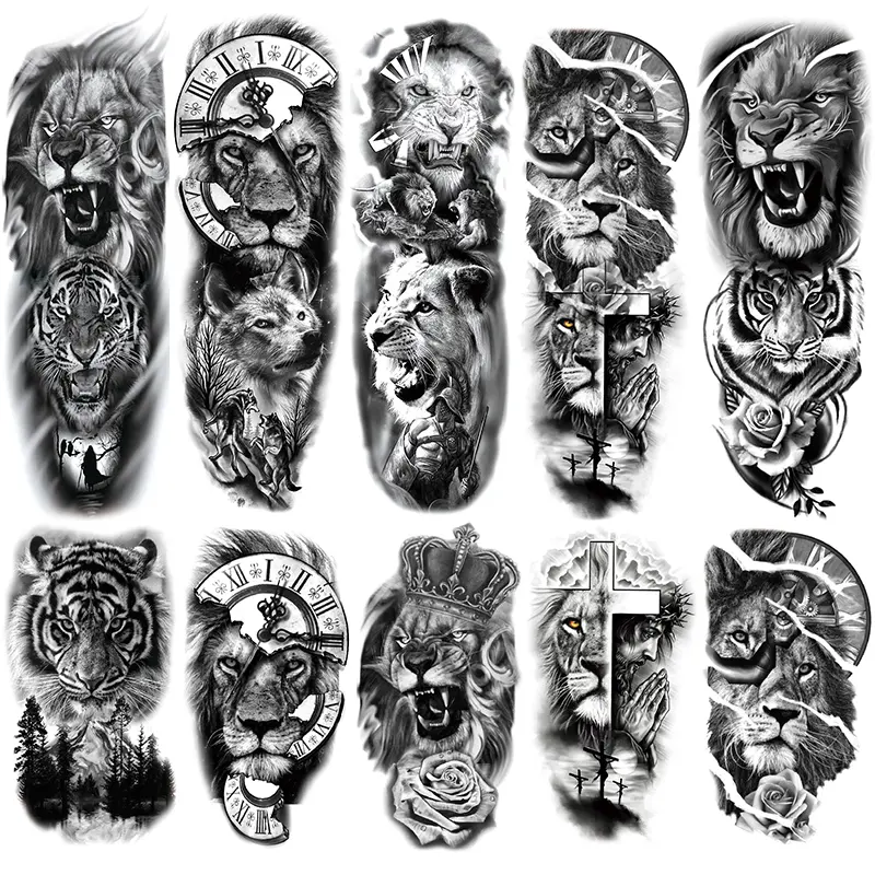 10 Lion and Tiger Temporary Tattoo Stickers Fake Tattoo Body Fake Tattoos with Broken Clock and Crown Patterns, Waterproof Arm Tattoos Ephemeral Tattoos for Men and Women, Perfect Gift for Any Occasion