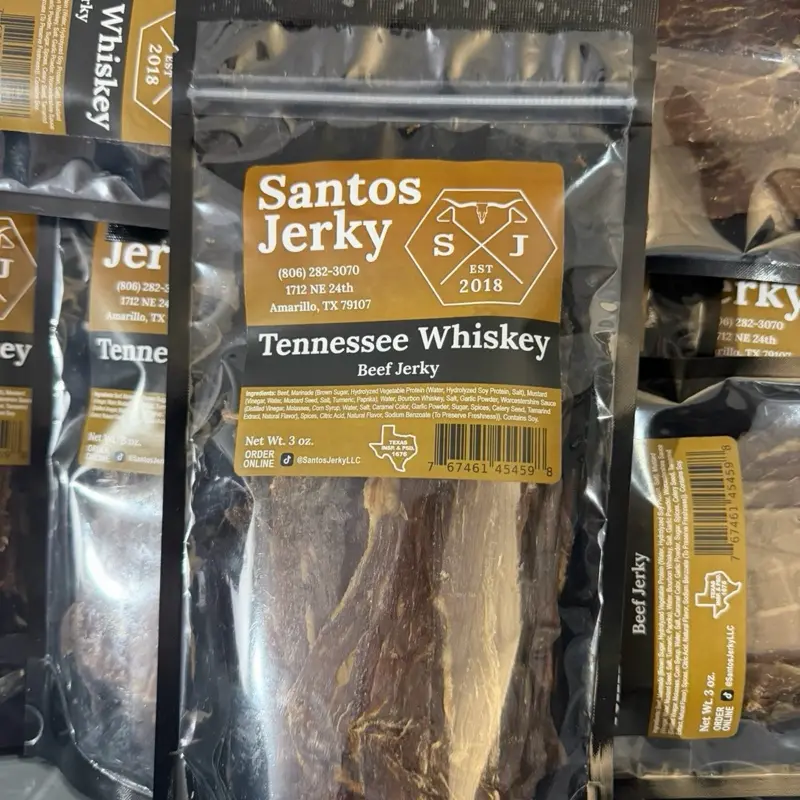Santos Tennessee Whiskey-Flavored Beef Jerky Snack, Savory Dried Meat Snack for On-the-Go Enjoyment