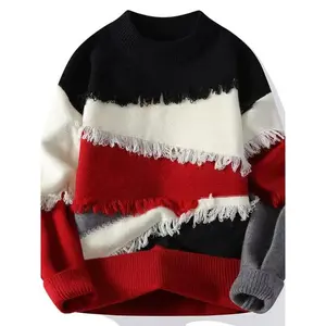 Men’s single-piece color-blend thick-knit sweater with patchwork design, autumn–winter new style, trendy, loose fit, crew neck