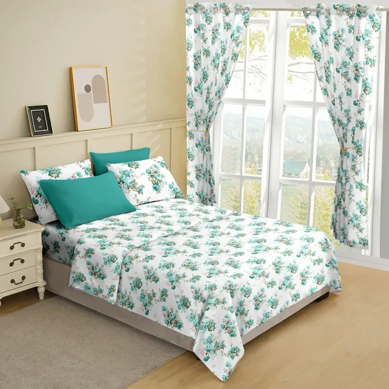 Bedsheet Set - 8 Pieces with 2 Curtains, 4 Pillow Cases, 1 Fitted Sheet & 1 Flat Sheet