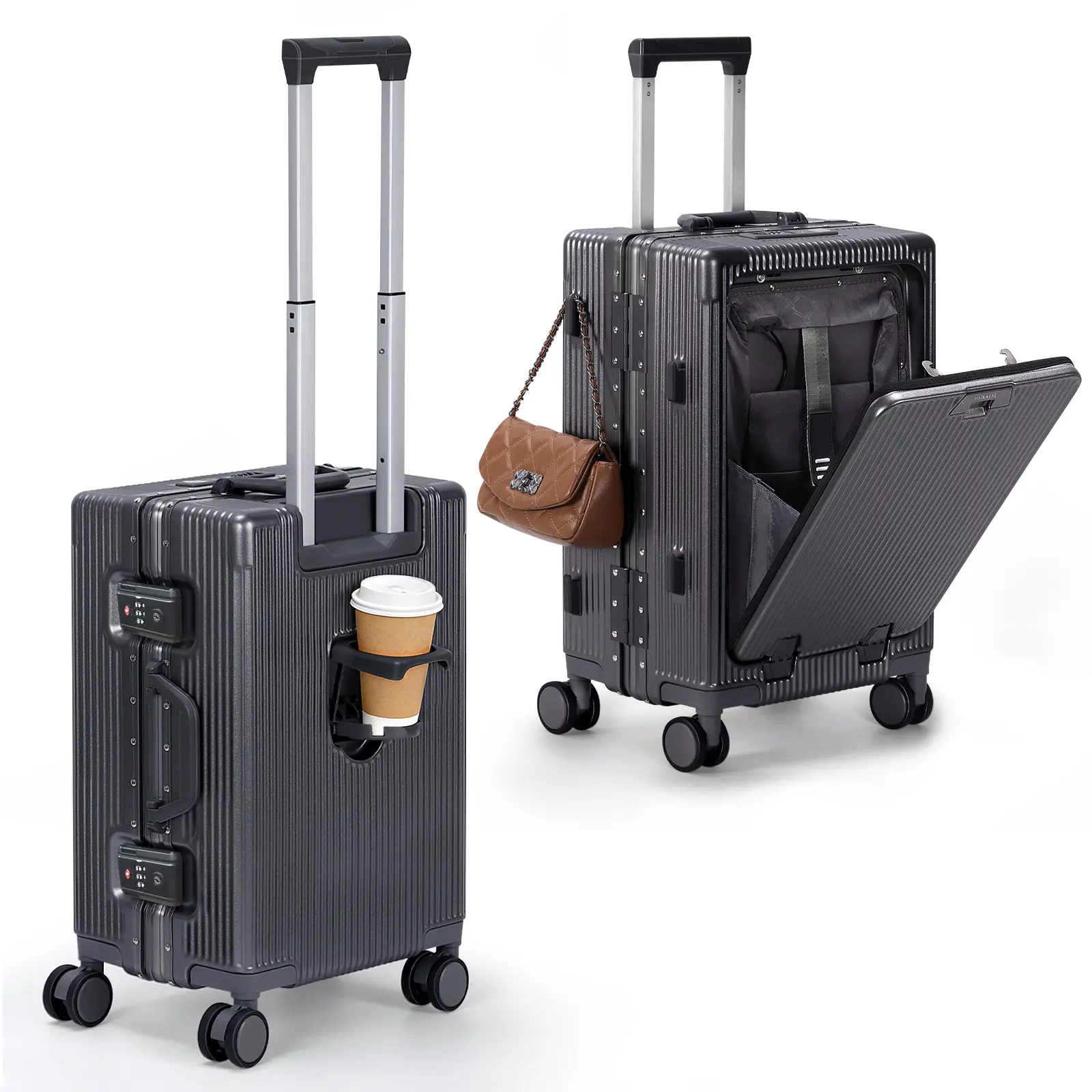 20-Inch Charcoal Gray Front-Opening Polycarbonate PC Hard Shell Carry-On Travel Luggage Bag - Business-Ready, Versatile for Business & Leisure Trips, with Cup Holder, Built-In USB Port, TSA Lock, Laptop Pocket, Handbag Hook