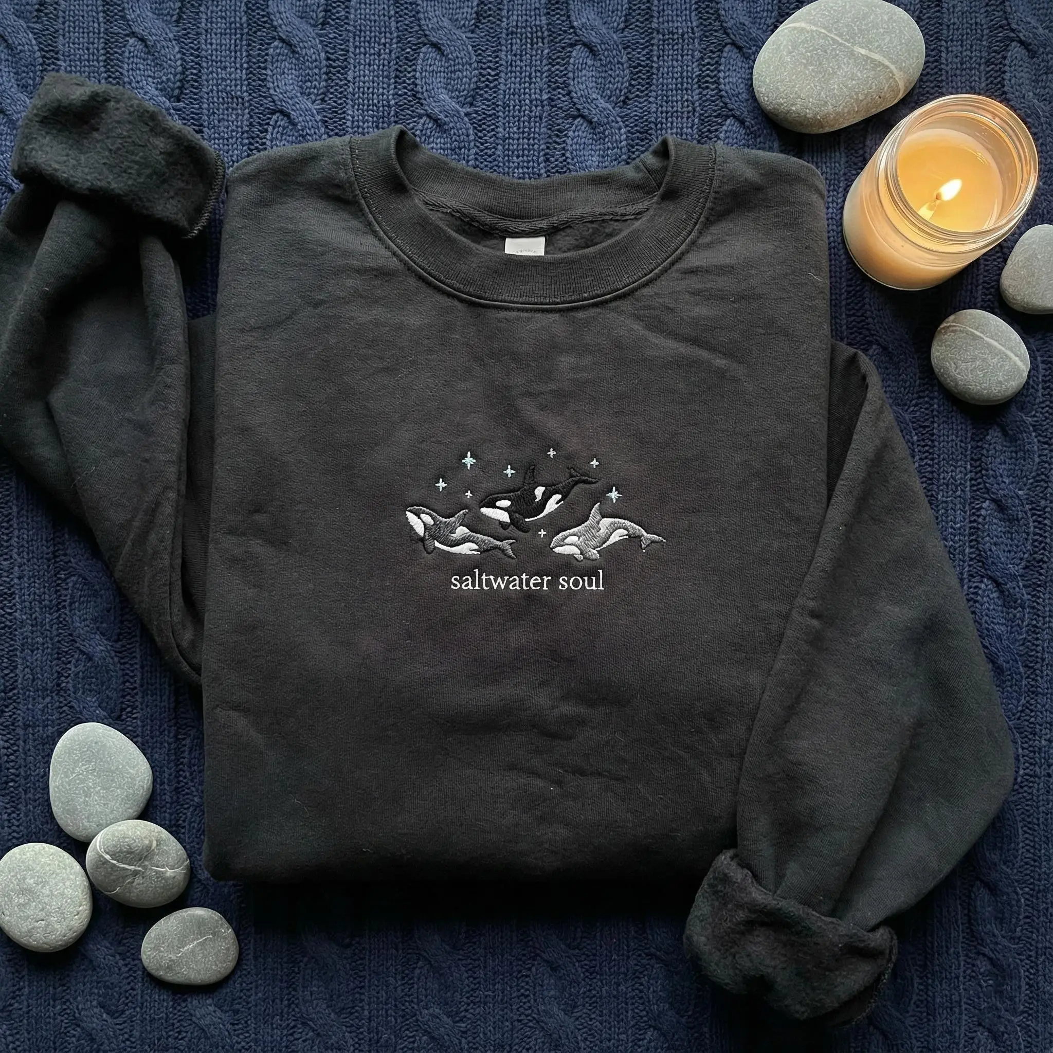 Saltwater Soul Orca Embroidered Sweatshirt, Killer Whale Pullover, Ocean Lover Crewneck, Coastal Aesthetic Gift, Marine Life Shirt