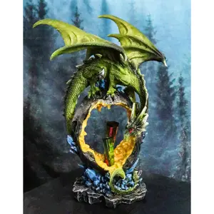 Green Dragon Guarding Faux Geode Crystal Arch Rock With Rainbow Icicle Figurine
