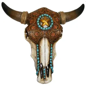 DLC  Bull Skull with Tooled Leather Home Decor - 12 x 3.5 x 13 in.