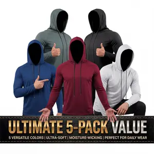 Ultimate 5-Pack Value Men's Dry Fit Long Sleeve Hoodies Lightweight Athletic Running Shirts with Face Mask for Sun Protection