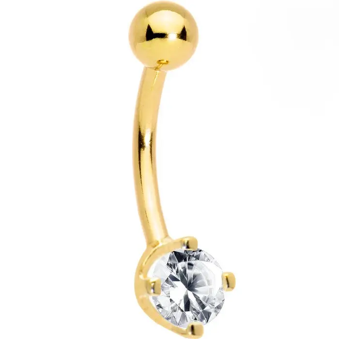 14K Gold 4-Prong Round CZ 16G Navel Ring