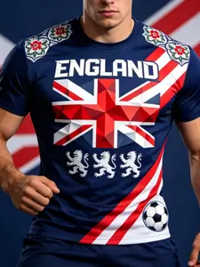 2026 New Summer England National Team Flag Football Theme Print Quick-Dry Short Sleeve T-Shirt, Men's Loose Breathable Sports Jersey, Soccer Jerseys