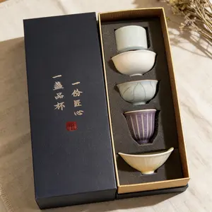 5Pcs Chinese Five Great Kilns Ceramic Teacup Set, Handcrafted Gongfu Tea Cups Gift Box, Traditional Chinese Porcelain Tea Bowls for Tea Lovers