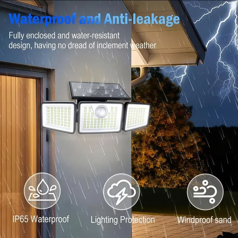 3-Head 216 LED Solar Motion Sensor Outdoor Security Lights with Remote Control, IP65 Waterproof Adjustable Wall Mount Flood Lights, Solar Powered Exterior Lamp for Garage Yard Garden Porch Driveway, Available in 1/2/3/4 Pack