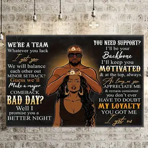 1 Piece Wooden Frame Canvas Painting African American Couple Poster Inspirational Motivational Quotes Office Living Room Decoration, Modern Home Decor, Vibrant Black King and Queen Portrait with Frame Ready to Hang Gift for Her