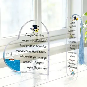 1pc Graduation Season Gift,Congratulations On Your Graduation!Heart-Shaped Acrylic Novelty Desk Decor Bookmark Set,Decorative Plaque,Bachelor'S Cap Sailing Sea Pattern,Graduation Gift For Friends,Suitable For Office Decor,Home Decor,Office Supplies