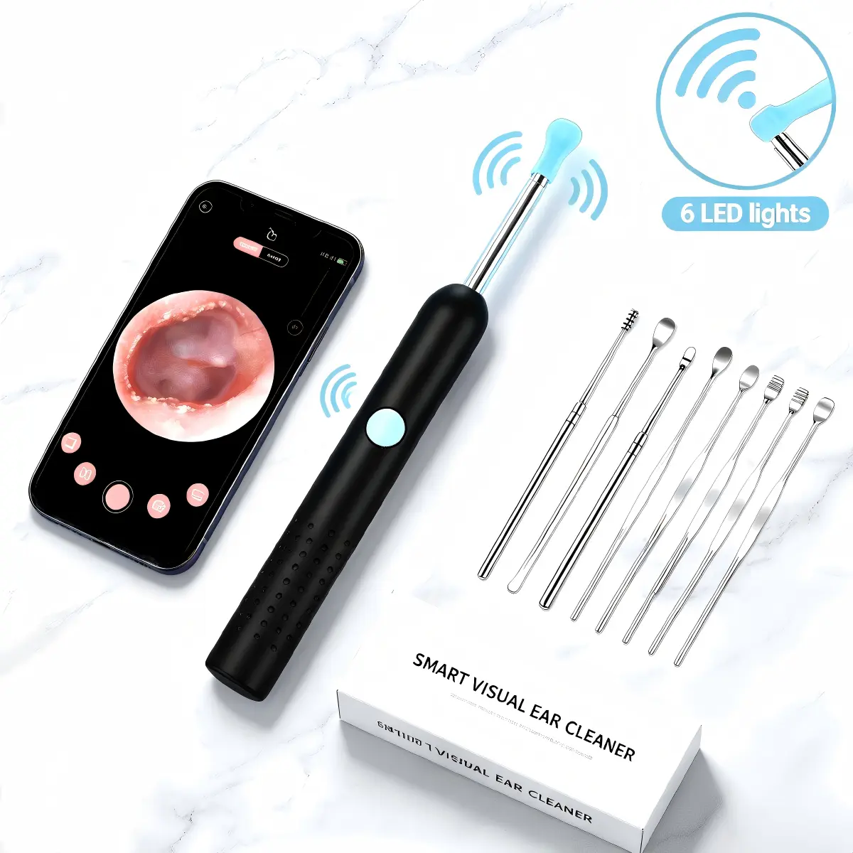 Salon-Quality Bluetooth WiFi Visual Ear Wax Cleaner with Wide-Angle Camera, 6 Silicone Heads, Premium Stainless Steel Ear Wax Removals Tool Set