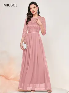 Miusol M22073 Women's Elegant Floral Lace 3/4 Sleeve Bridesmaid Formal Maxi Dress in Magenta Chic All Seasons Crewneck Basic Workwear