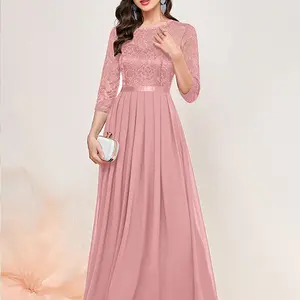 Miusol M22073 Women's Elegant Floral Lace 3/4 Sleeve Bridesmaid Formal Maxi Dress in Magenta Chic All Seasons Crewneck Basic Workwear