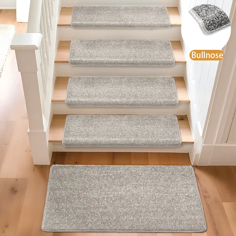 Light Gray Non Slip Bullnose Stair Tread & Landing Mat, Self-Adhesive Carpet Cover for Wooden Stair Steps, Soft Washable Reusable Skidproof Decorative Stair Protector,Complete Stair Rug Package Set