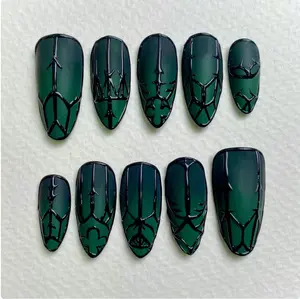 Custom Gothic Fairy Gate Green Press On Nails – Green Black Ombre with Haunted Gate 3D Design – Handmade Dark Fantasy Fake Nails