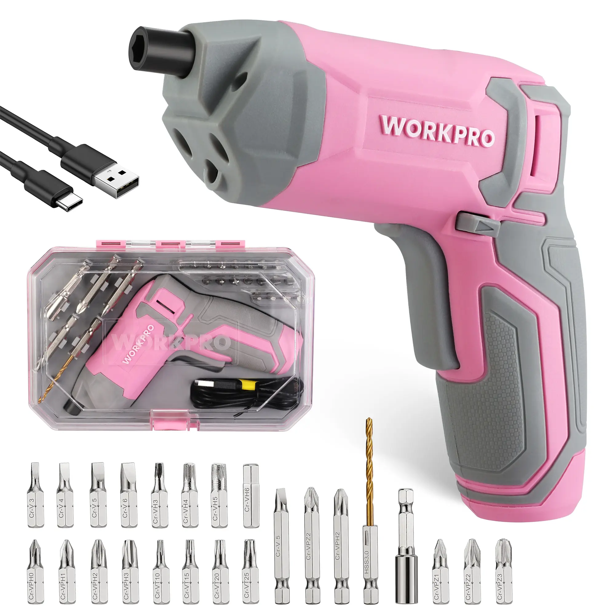 #summersale WORKPRO Pink Cordless Screwdriver Set, 3.6V Electric Rechargeable Eccentric Power Screwdriver Kit with 24Counts Bits, Delay-off LED Light, 2000mAh High-Capacity Battery, Carrying Case Included