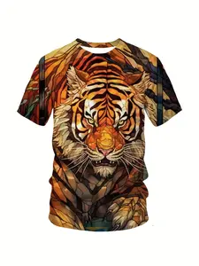 Men's 3D Tiger Print T-Shirt, Round Neck Short Sleeve, Casual Sportswear, All Seasons, Fitted Long Top, Menswear