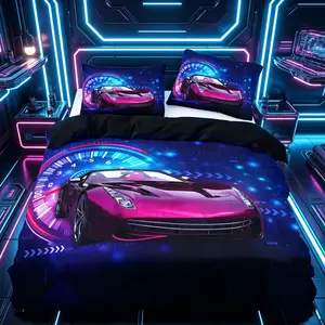 3pc Cyber Racing Car Theme Printed quilt cover Set, including 1 quilt cover and 2 pillowcases (without filling), made of polyester, machine washable, available in multiple sizes, perfect for bedrooms, dormitories, guest rooms and hotel apartments.