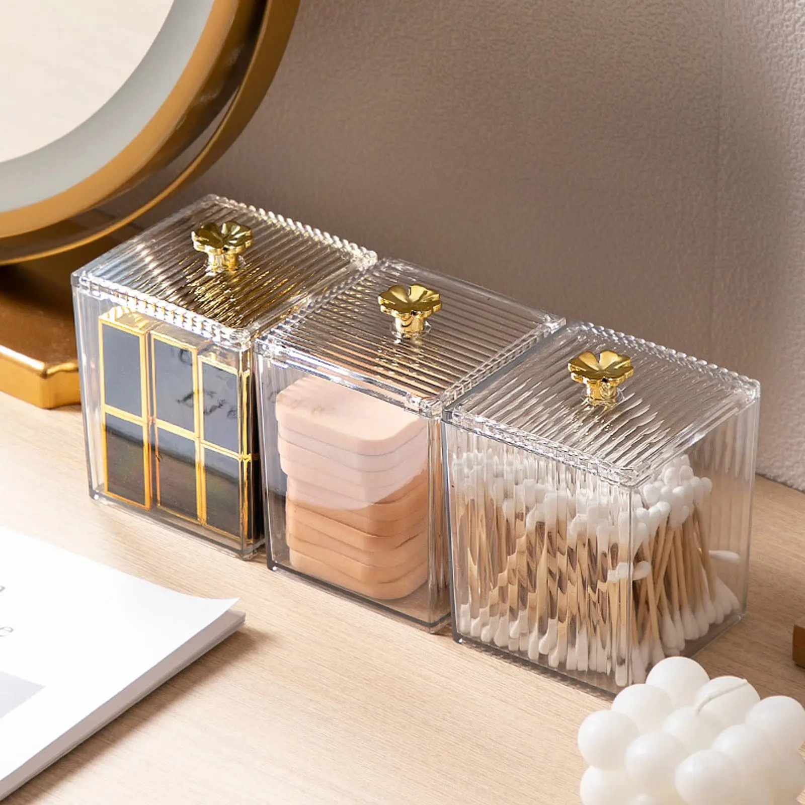 3PCS Qtip Holder Bathroom Organizer and Storage Containers Plastic Apothecary Jars Dispenser with Lids for Cotton Swab, Cotton Round Pads, Floss Canister Transparent Decorative