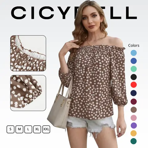 Cicy Bell Womens Summer Off Shoulder Blouse Floral Print 3/4 Sleeve Casual Chiffon Tops Shirts Lightweight Smooth Fabric Elegant Daily Party Office Outfits - Womenswear