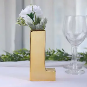 Ceramic Letter "L" Vase Shiny Gold Plated 6" - Stylish Bud Planter Pot for Table Centerpieces