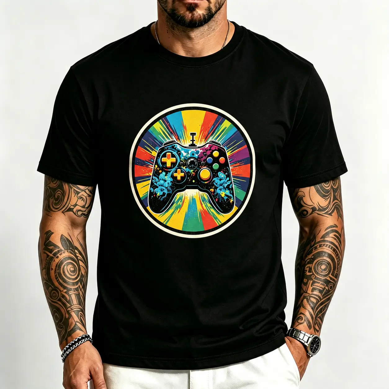 100% Cotton Men's Retro Gaming Controller Graphic T-Shirt, Vintage Gamer Streetwear Crew Neck Tee, Casual Short Sleeve Top for Everyday Wear & Gaming Nights