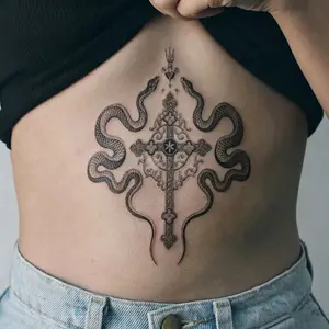 Gothic Retro Cross and Serpent Design Large Chest and Back Tattoo Stickers for Women (Waterproof)