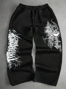Men's Loose Fit Death Metal Print Wide Leg Sweatpants, Metal Aesthetic Skull Cross Printed Fleece Pants, Gothic Streetwear