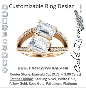 Cubic Zirconia Engagement Ring- The Valentina (Customizable 2-stone Double Emerald Cut Design with Wide Split-Pavé Band)