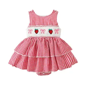 Newborn Baby Girls Dress Plaid Romper Dress Strawberry Bow Embroidered Sleeveless Smocked Bodysuit Cute Summer Clothes