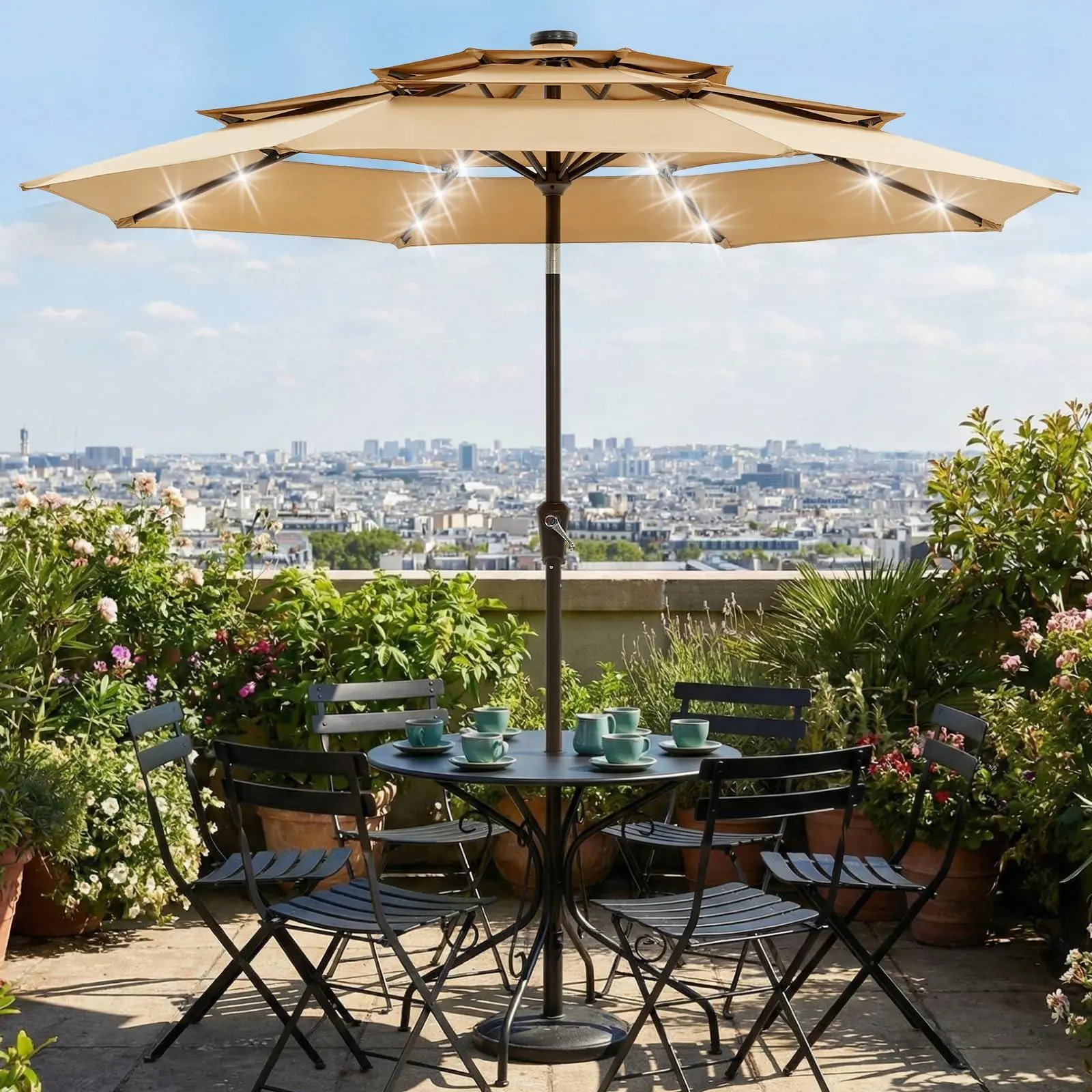 GAOMON Khaki 9ft 10ft Patio Umbrella with Solar Lights, 3-Tier Umbrella Outdoor Patio with LED Lights, Ventilation, Easy Crank & Tilt, 8 Sturdy Ribs, UV Protection, Large Patio Umbrella for Deck, Pool