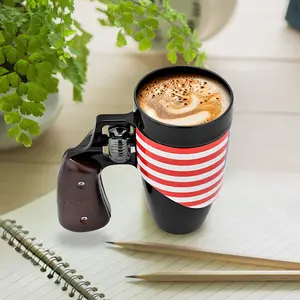 Pukomc Coffee Mug with Rotatable Wooden Handle 16 Ounces Ceramic Leak-Proof Scalding-Proof Reusable Drinkware Ergonomic Revolver Handle Design Heat Resistant Classic Style Mug Tumbler Washable Reuse American Flag Design
