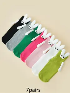 7 pairs Fashion Rabbit Holding Hands Middle Socks Bottom Non slip Casual Couple Socks Suitable for Women Versatile Daily Sports Fitness Wearing Socks Soft Comfy Hosiery