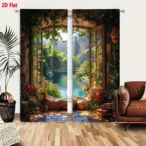 2D Flat 2-Pack Enchanted Forest & Turquoise Lake View Curtains with Open Wooden Shutters & Vibrant Red Flowers Green Vines Design, Light-Filtering Linen Blend for Cozy Home Decor, Sunlight-Friendly Living Room Bedroom Curtains