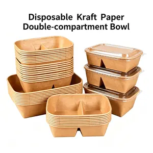 Zero Home Disposable Kraft Paper Double-Compartment Bento Box with Lid, 10-Pack Biodegradable Takeout Food Container for Home, Festive & Party Use