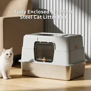 Extra Large Stainless Steel Top-Entry Litter Box with Lid for Large Cats and Kittens,  Dual Entry (Top and Front Door) Design, High-Sided Splash-Proof and Leak-Proof Structure, Anti-Urine Leakage for Big Cats/Multiples,Leak-Proof, Includes Litter Scoop