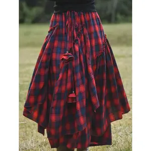 Women’s Vintage Asymmetrical Ruffle Skirt, Polyester Long Flowy Dress, Plaid Pattern, Loose Fit with Belt, Spring & Fall Fashion