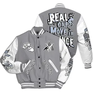 Varsity Jacket To Match Low Cement Grey 11s - Ones Move In Silence Graphic All Over Print High-Grade Polyester Knit Fabric Snap Closure Elastic Details