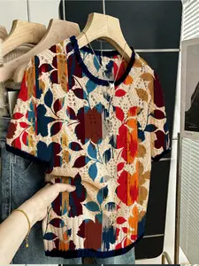 Women's Vintage Ethnic Color Block Plant Print Knit Sweater T-Shirt, Round Neck Short Sleeve, Casual Breathable Top for Spring Summer Fall